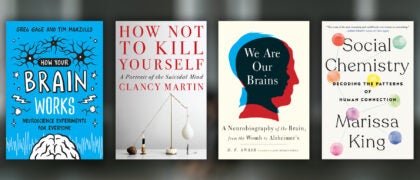 blog post header with background of four book covers: How the Brain Works, How Not to Kill Yourself, We Are Our Brains, Social Chemistry.