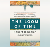 Shows book cover for The Loom of Time against a light blue background