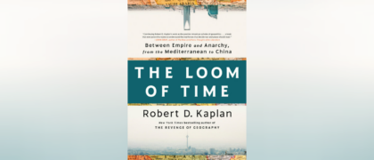 Shows book cover for The Loom of Time against a light blue background