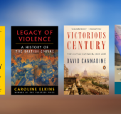 Against a blue and brown background, four book covers: Journey of Humanity, Legacy of Violence, Victorious Century, VOICES OF A PEOPLES HISTORY OF THE US IN THE 21ST CENTURY.