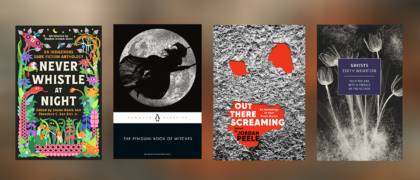 Against a brown, orange blurry background, four titles: Never Whistle At Night, The Penguin Book of Witches, Out There Screaming, GHOSTS