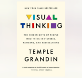 shows a tan background with "Visual Thinking" book cover at center