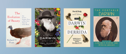 four books against a blue background: The Evolution of Beauty, Darwin, Darwin to Derrida, The Portable Darwin