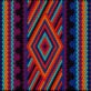 Colorful embroidered pattern featuring symmetrical diamond shapes in orange, red, teal, purple, and blue, set against a diagonal stripes and vertical borders.