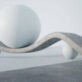 Abstract image featuring a large sphere and a smaller one, connected by a wavy, ribbon-like structure in a minimalistic, grey environment.