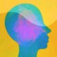 Silhouette of a human head in profile against a yellow background, filled with vibrant blue and pink watercolor-like clouds, representing creativity or mental health themes.