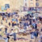 Impressionistic painting depicting a bustling city scene with numerous people in colorful attire moving across a busy square, under a hazy, light-filled sky.